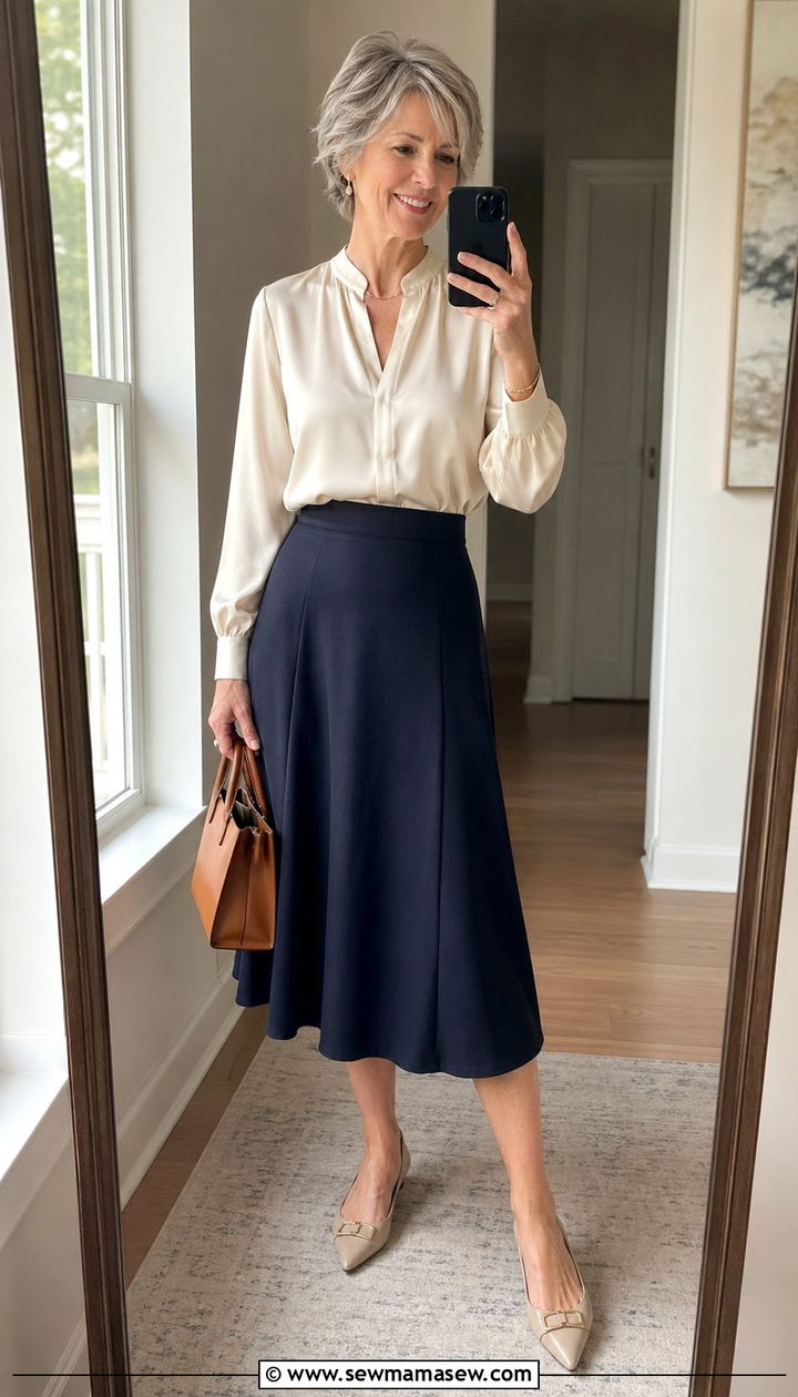 A Line Skirt With Silk Blouse And Flats - 35 Graduation outfits for women over 50