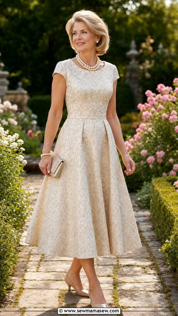 A Line Tea Length Dress With Pearls - 30 Best dresses for women over 50