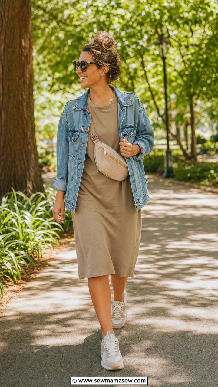 A T Shirt Dress With A Jean Jacket And Fashion Sneakers - 35 Mom style outfit ideas