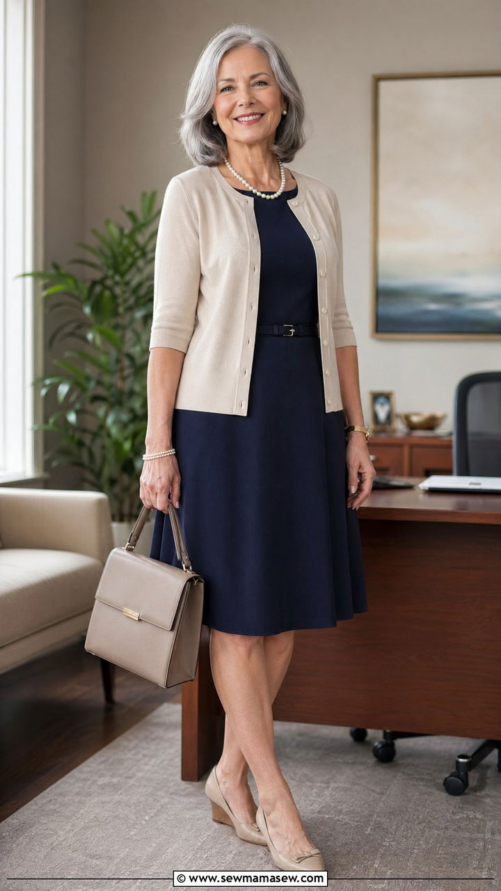 A line dress with elbow sleeve cardigan - 35 Work outfits for women over 50