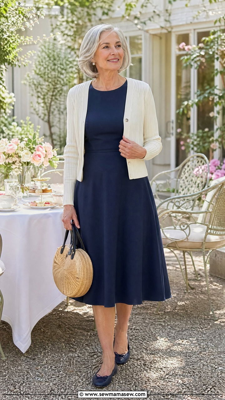 A line dress with structured cardigan outfit - 35 Classy outfit ideas for women over 60