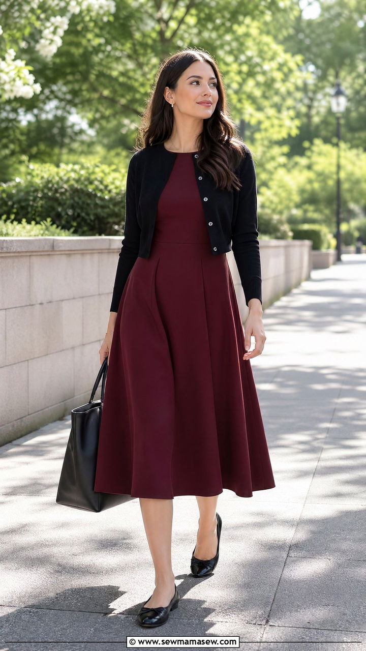 A line midi dress and a cropped cardigan - 35 what to wear to a job interview