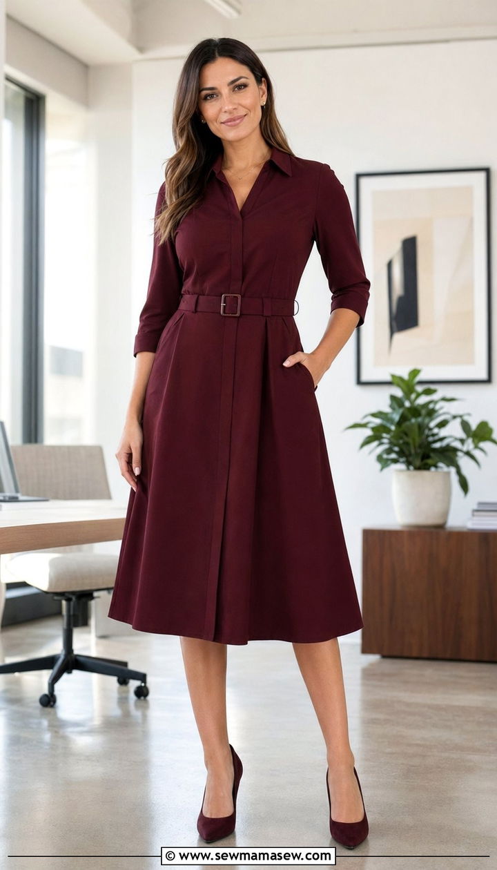 A line midi dress with belted waist and pumps outfit - 35 Modest work outfit ideas