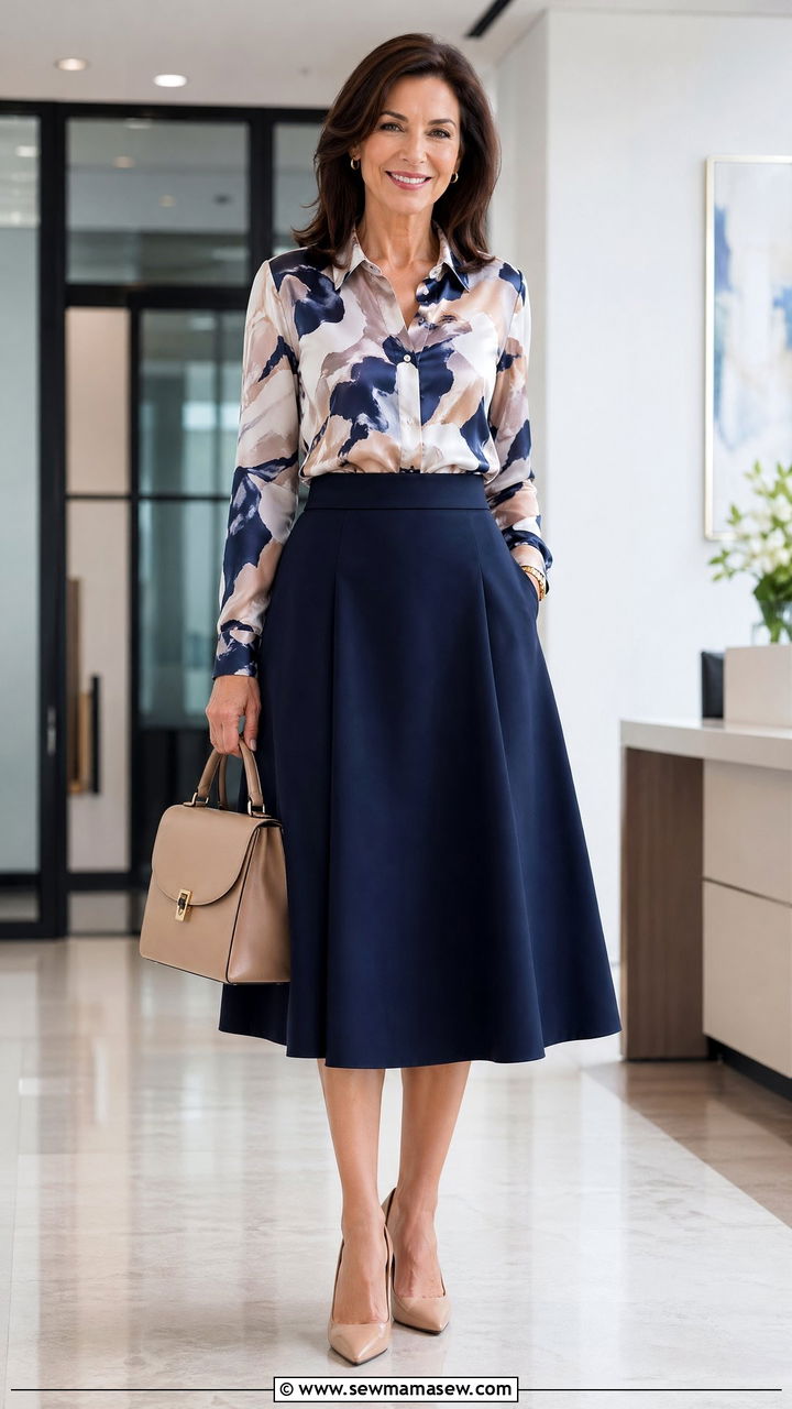 A line midi skirt with fitted blouse - 35 Skirt outfit ideas for women over 50