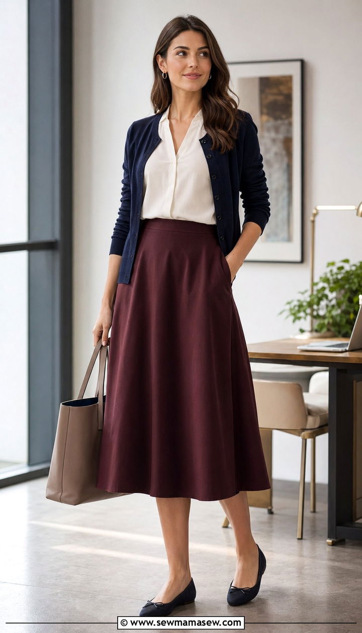A line midi skirt with tucked in blouse and cardigan - 35 Modest outfit ideas for office