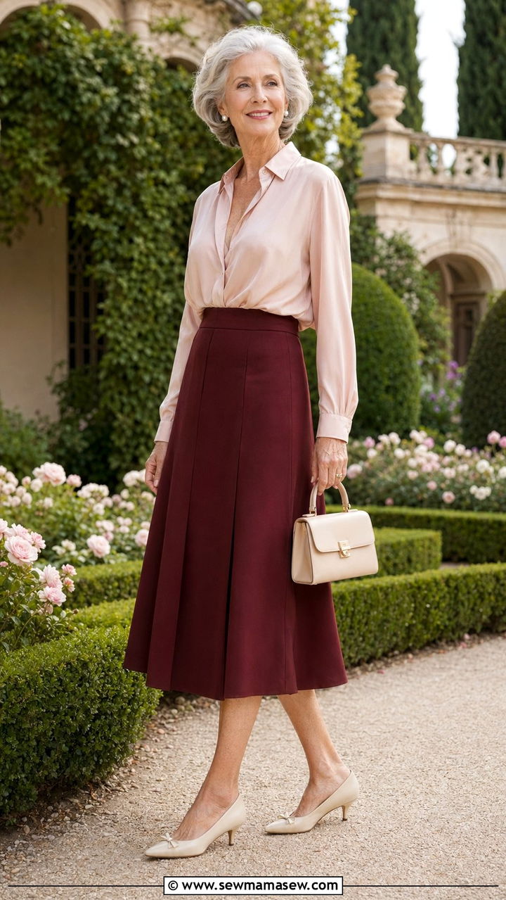 A line midi skirt with tucked silk blouse and kitten heels - 35 Old money outfit ideas for women over 60