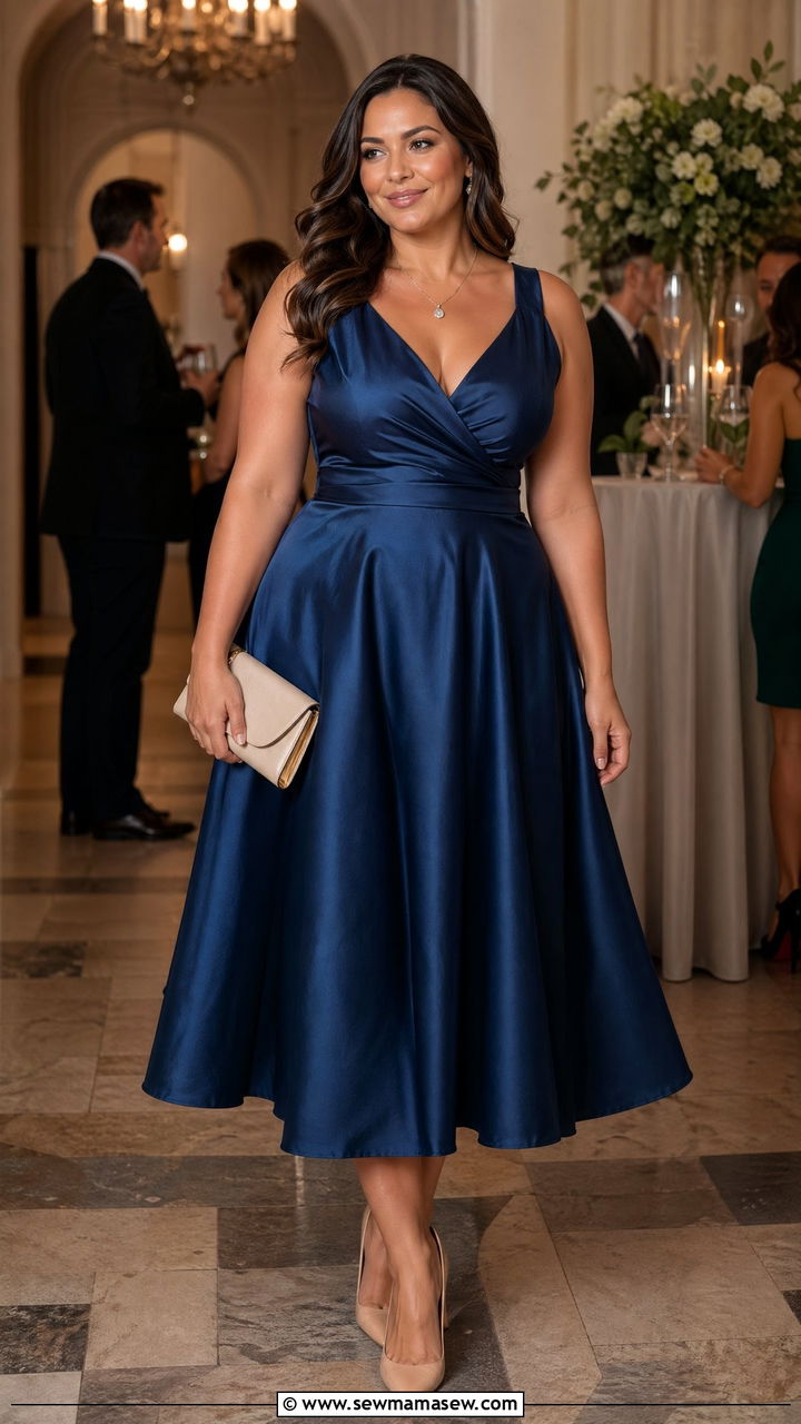 A line satin midi dress with pointed heels - 35 Wedding guest outfits for curvy women