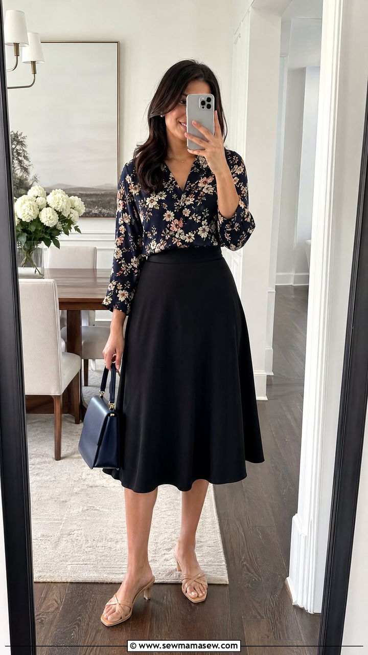 A line skirt with printed blouse and kitten heel sandals - 35 spring outfits for new moms
