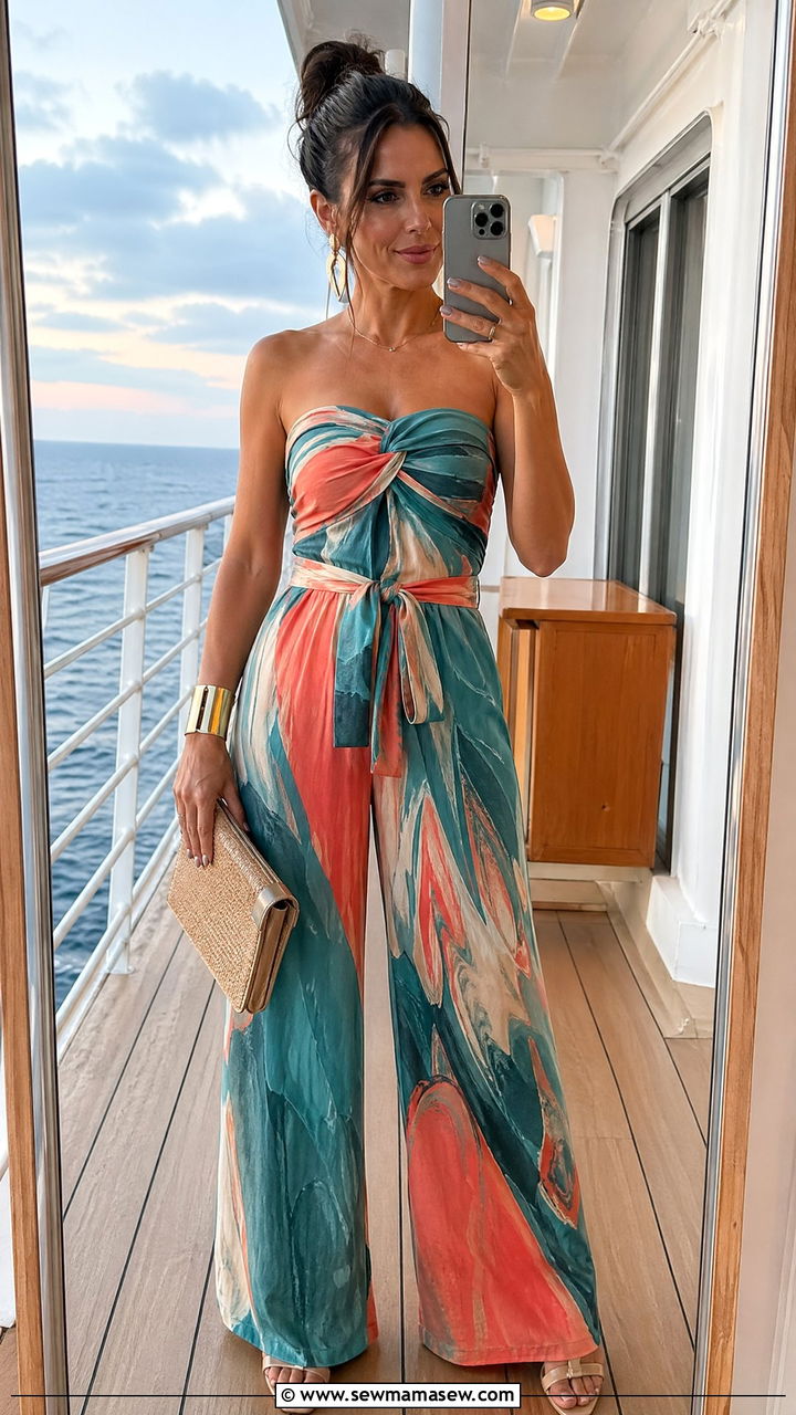 Abstract Print Strapless Jumpsuit With Heels - 35 Cruise dinner outfit ideas