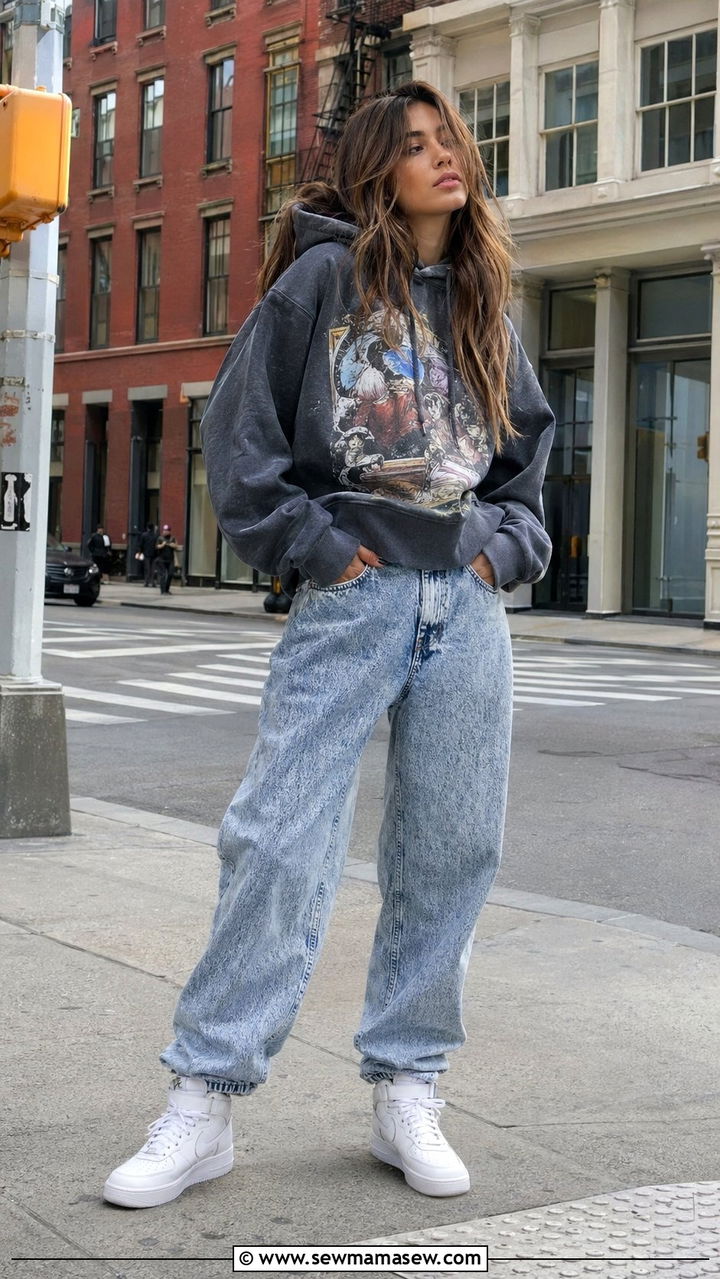 Acid Wash Baggy Jeans With a Graphic Hoodie - 30 Best jeans for tall women