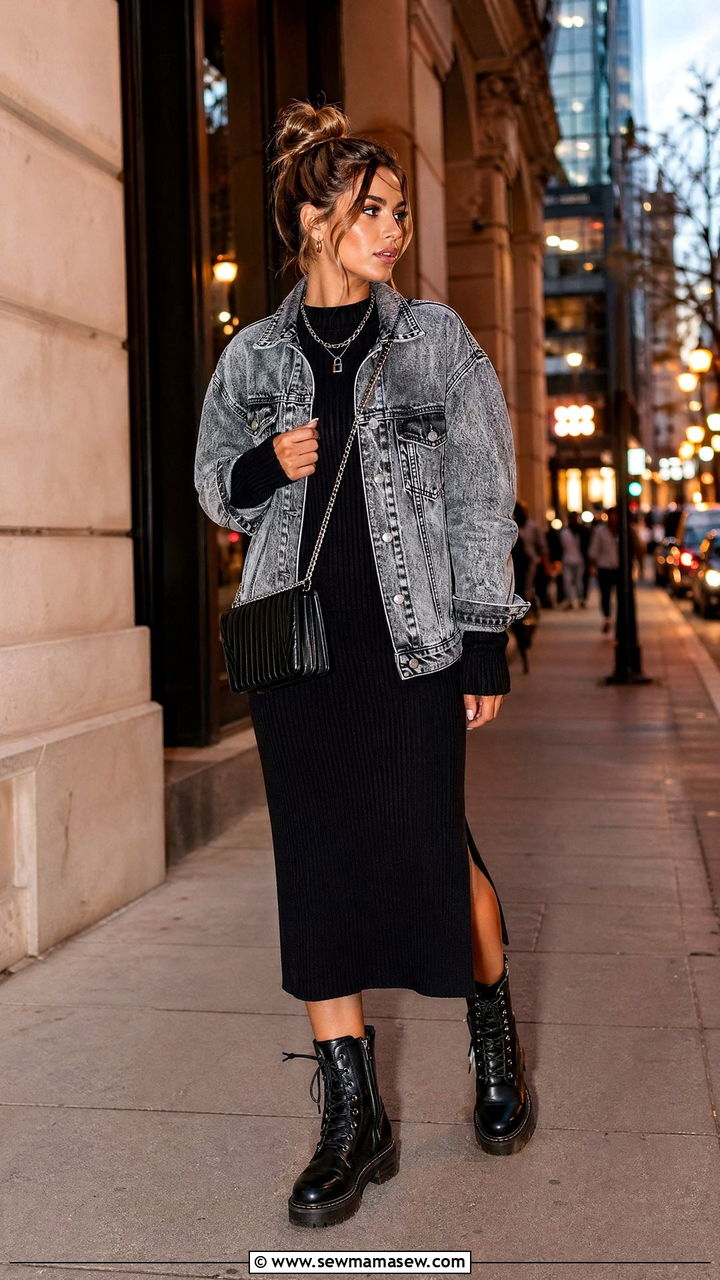 Acid wash denim jacket with a black knit midi dress and combat boots - 35 Spring outfit ideas 2026