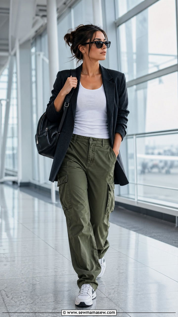 Airport Outfit With Cargo Pants and Blazer - 40 airport outfit ideas for women