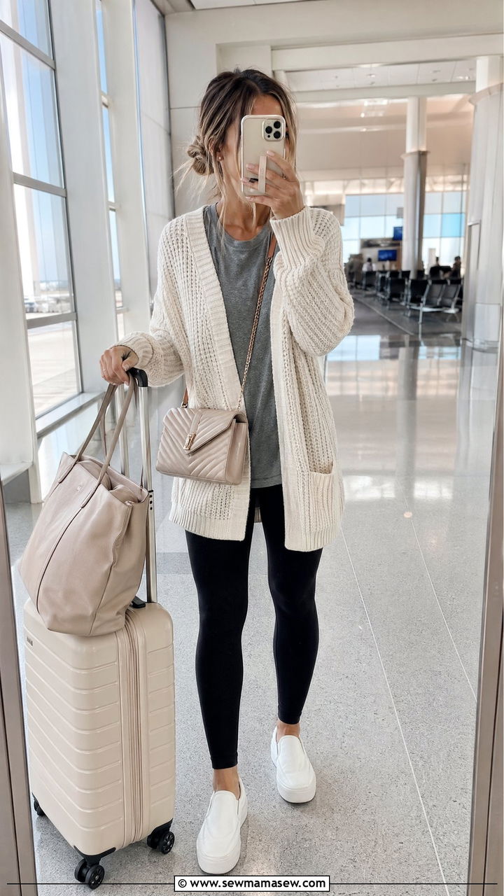 Airport Outfit With Cream Cardigan and Gray Tee - 40 airport outfit ideas for women