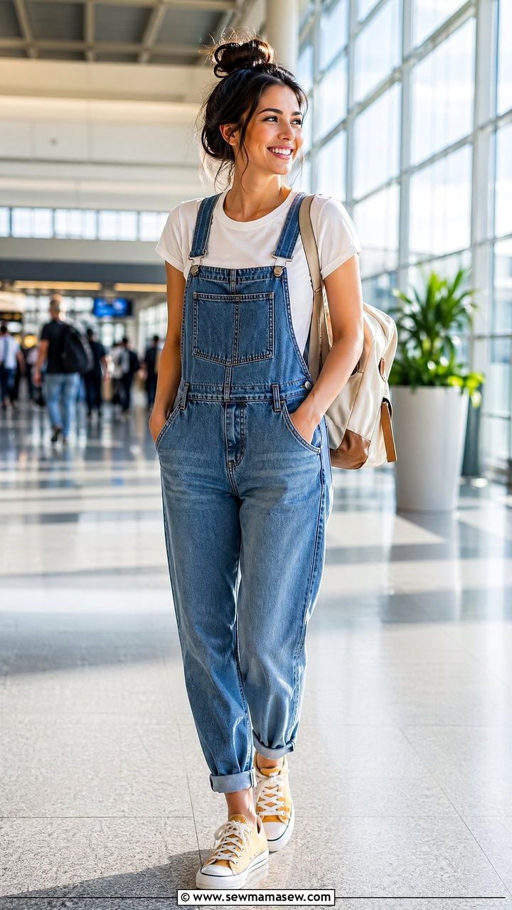 Airport Outfit With Denim Overalls and White Tee - 40 airport outfit ideas for women