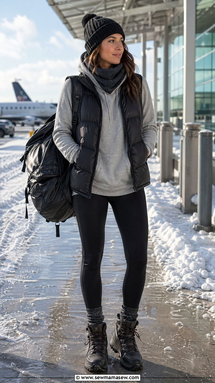 Airport Outfit With Hoodie and Puffer Vest - 40 airport outfit ideas for women