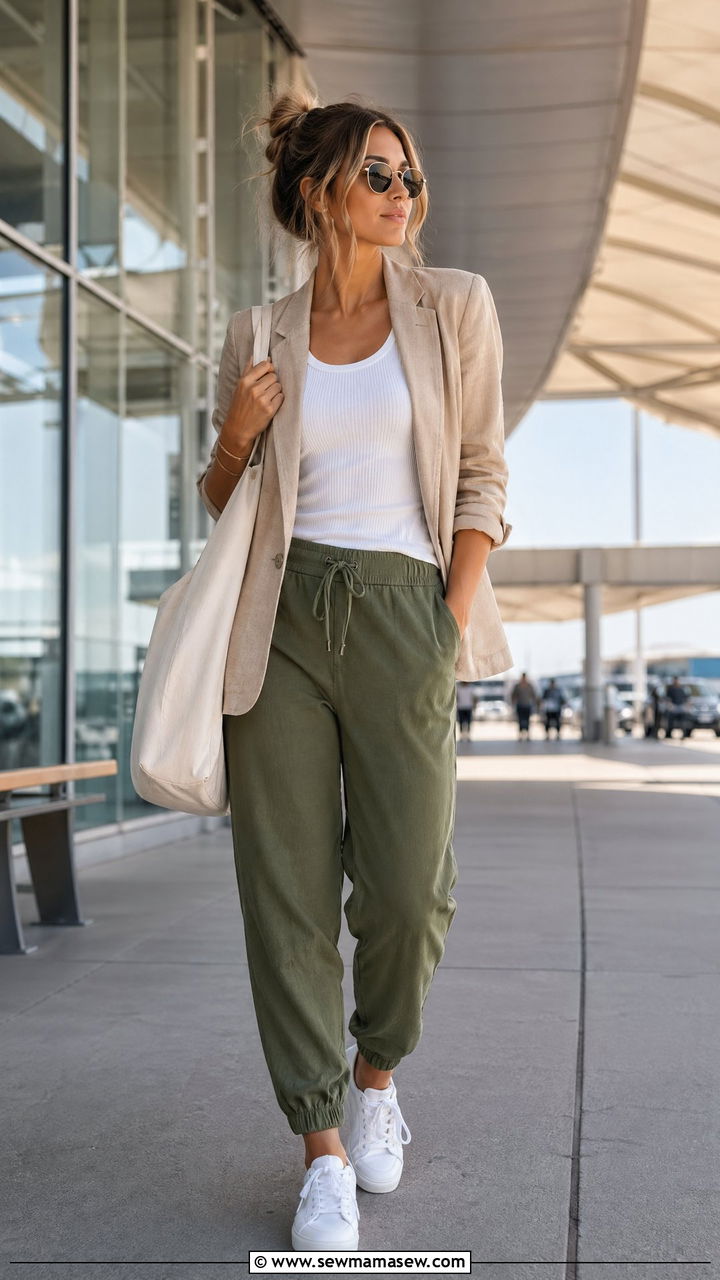 Airport Outfit With Linen Blazer and Joggers - 40 airport outfit ideas for women