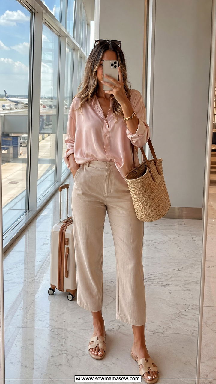 Airport Outfit With Relaxed Blouse and Cropped Trousers - 40 airport outfit ideas for women
