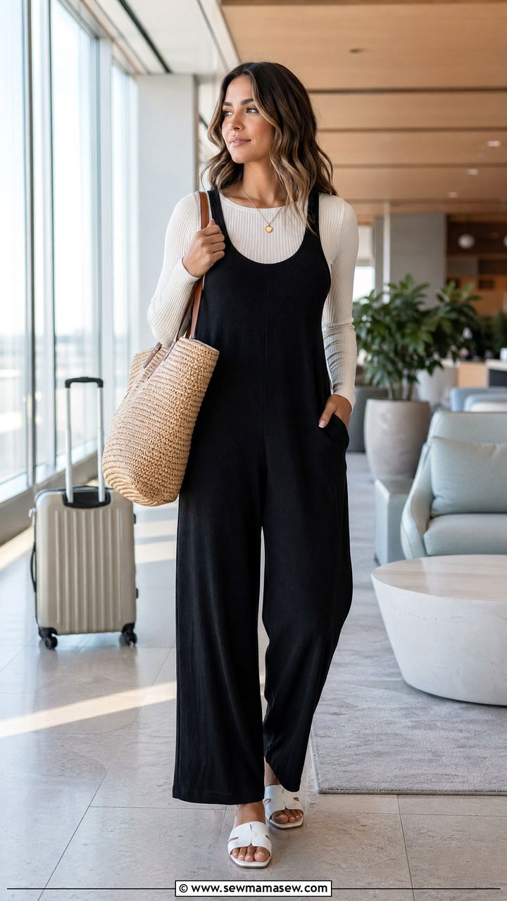 Airport Outfit With Ribbed Knit and Sleeveless Jumpsuit - 40 airport outfit ideas for women