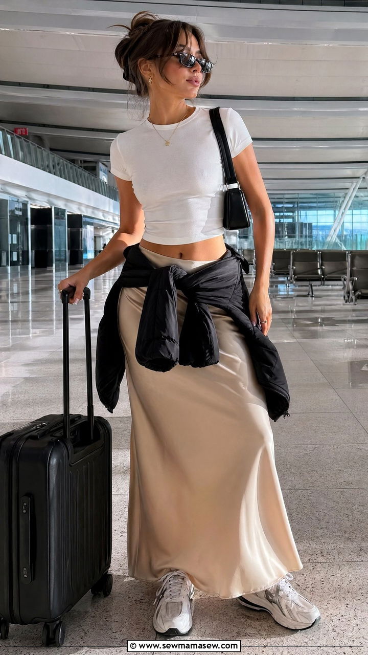 Airport Outfit With Slip Skirt and Baby Tee - 40 airport outfit ideas for women