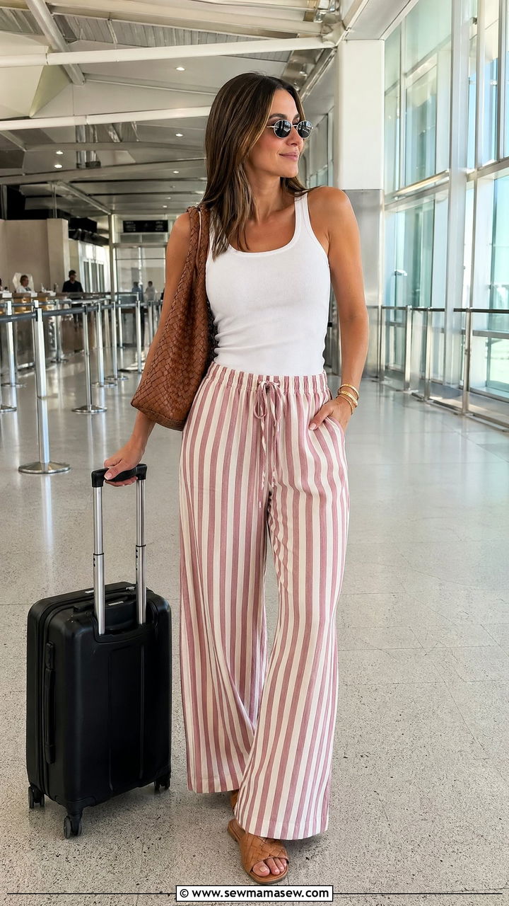 Airport Outfit With Striped Trousers and White Tank - 40 airport outfit ideas for women