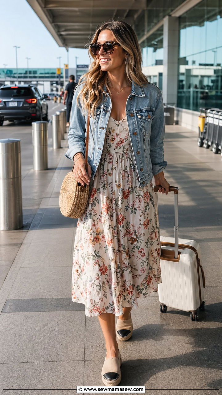 Airport Outfit With Sundress and Denim Jacket - 40 airport outfit ideas for women