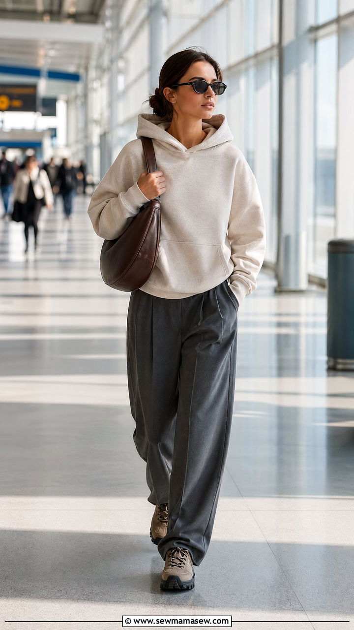 Airport Outfit With Tailored Trousers and Hoodie - 40 airport outfit ideas for women