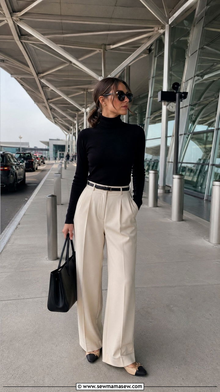 Airport Outfit With Turtleneck and Wide Leg Trousers - 40 airport outfit ideas for women