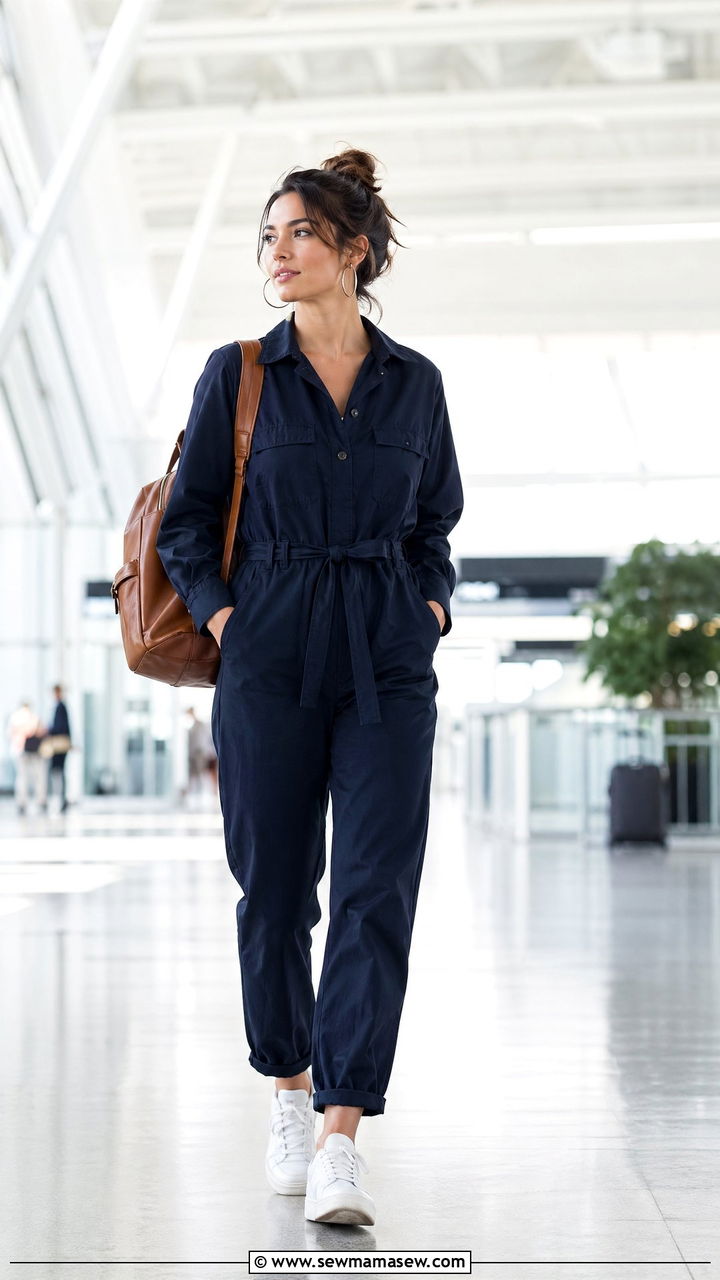 Airport Outfit With Utility Jumpsuit and Sneakers - 40 airport outfit ideas for women