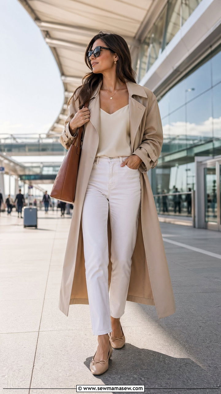 Airport Outfit With White Jeans and Maxi Trench Coat - 40 airport outfit ideas for women