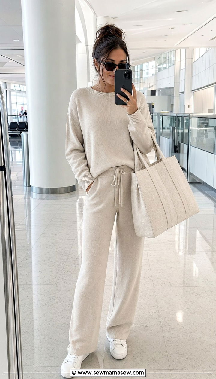 Airport travel outfit with knit lounge set - 35 Santorini vacation outfit ideas