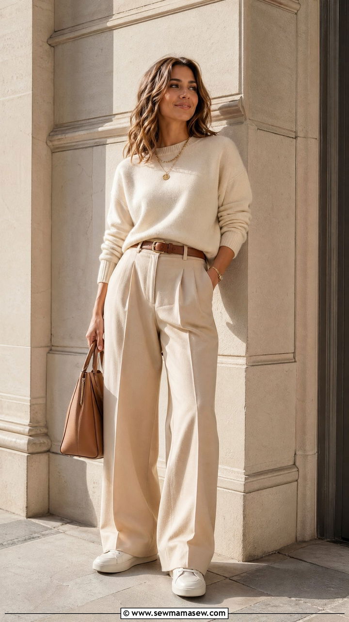 All Beige Monochrome Outfit With Gold Jewelry - 35 casual outfits aesthetic