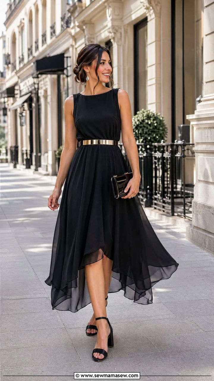 All Black A Line Chiffon Dress - 35 wedding guest outfits