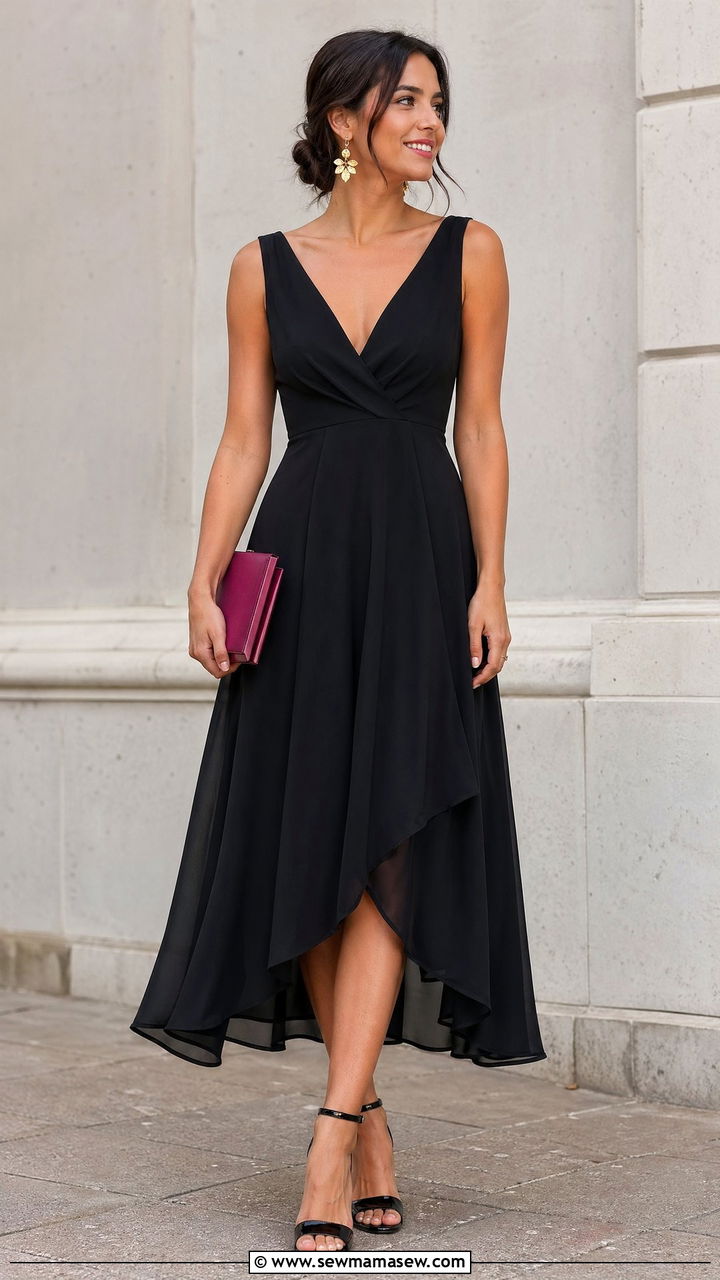 All Black A Line Midi Dress With Asymmetric Hem - 35 wedding guest outfit ideas for women