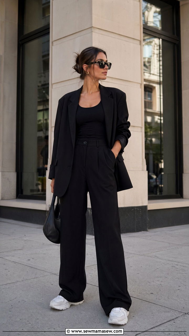 All Black Blazer With Trousers and Chunky Sneakers - 35 Spring transition outfits