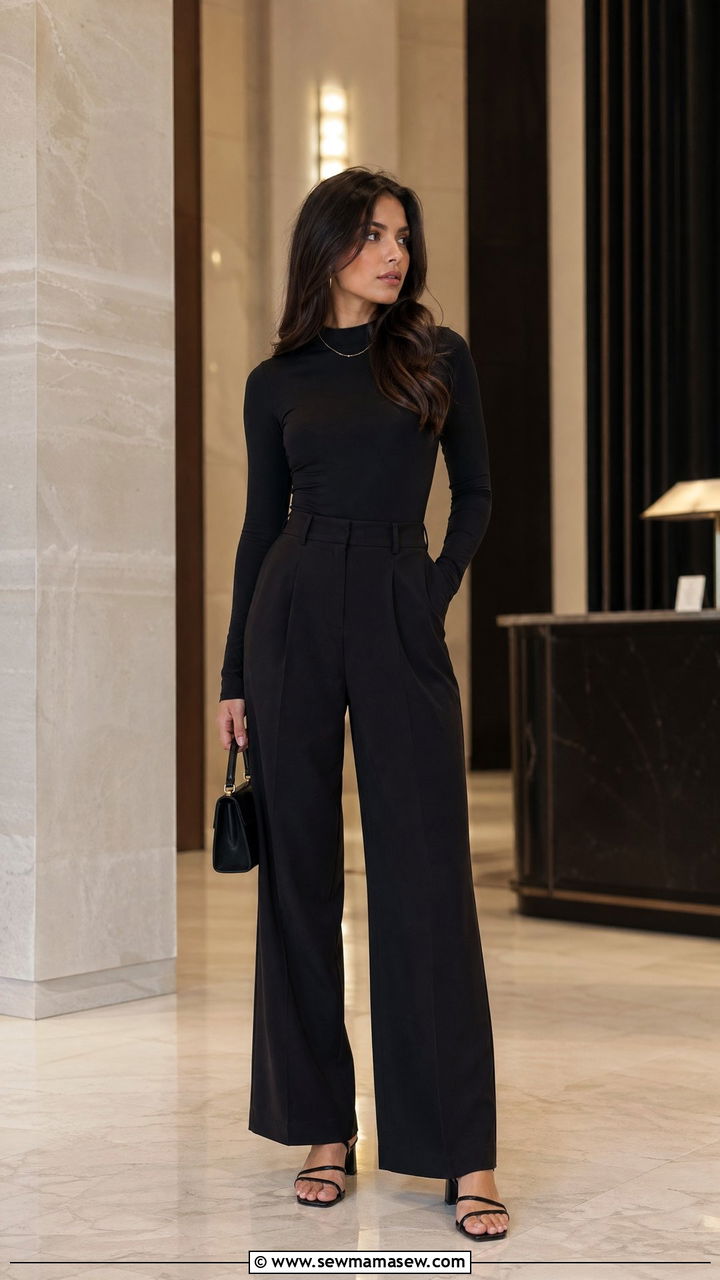 All Black Bodysuit With Wide Leg Trousers and Heels - 35 what to wear to a concert