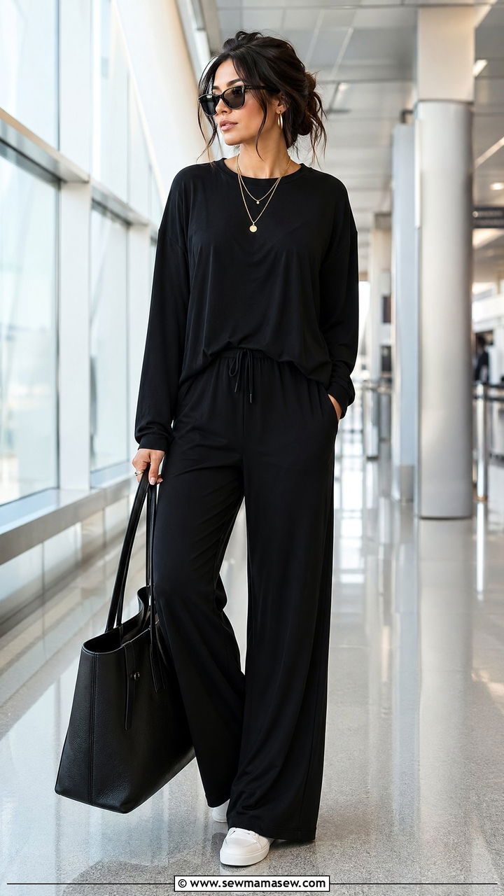 All Black Coordinated Set with Gold Accessories - 40 airport outfits ideas