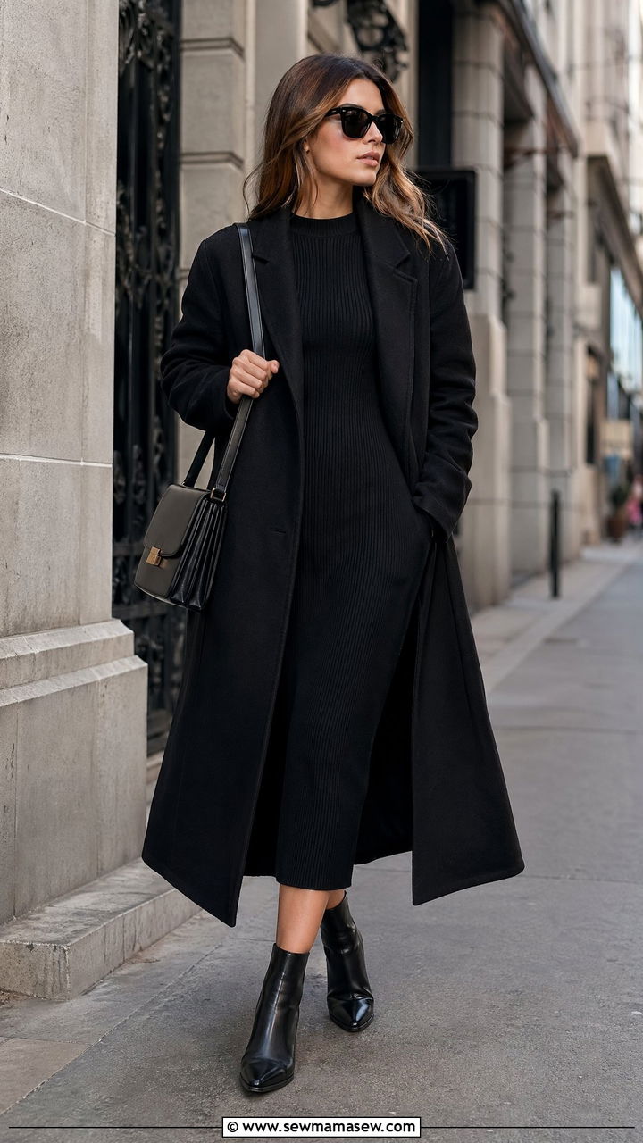 All Black Dress Outfit With Long Wool Coat And Ankle Boots - 35 classy dress outfits