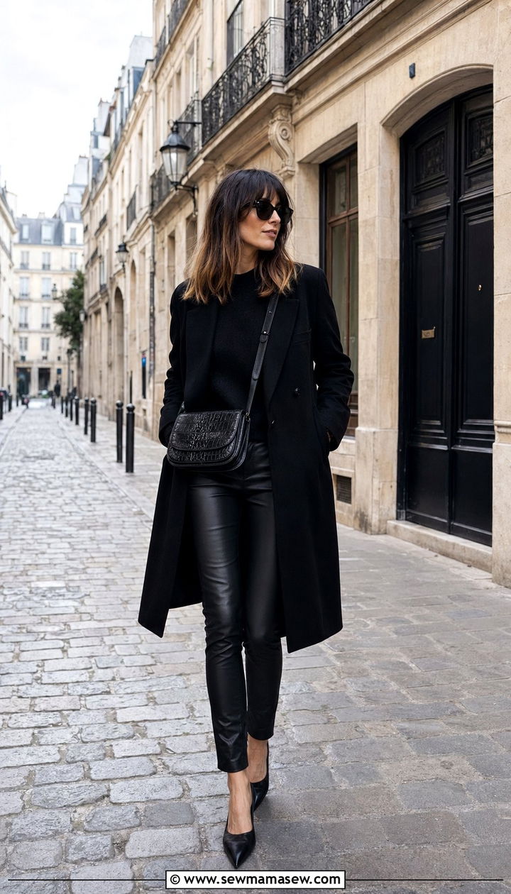 All Black Ensemble with Leather Pants and Pointed Flats - 35 Paris outfits for women