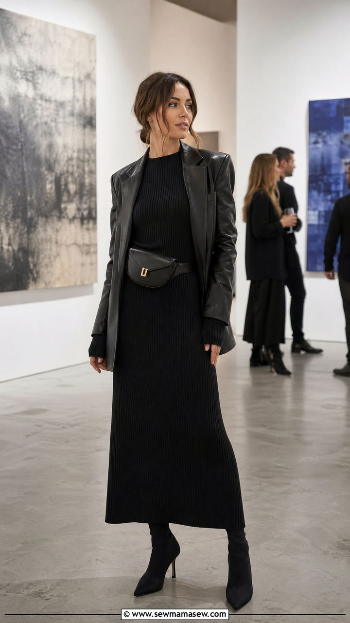 All Black Knit Maxi Dress With Leather Blazer And Boots - 35 Warsaw outfit ideas