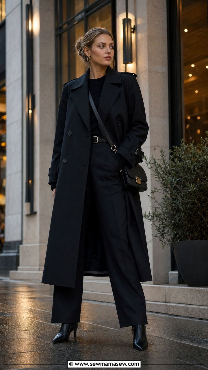 All Black Layers with Trench Coat and Leather Boots Outfit - 35 Scandinavian outfit ideas