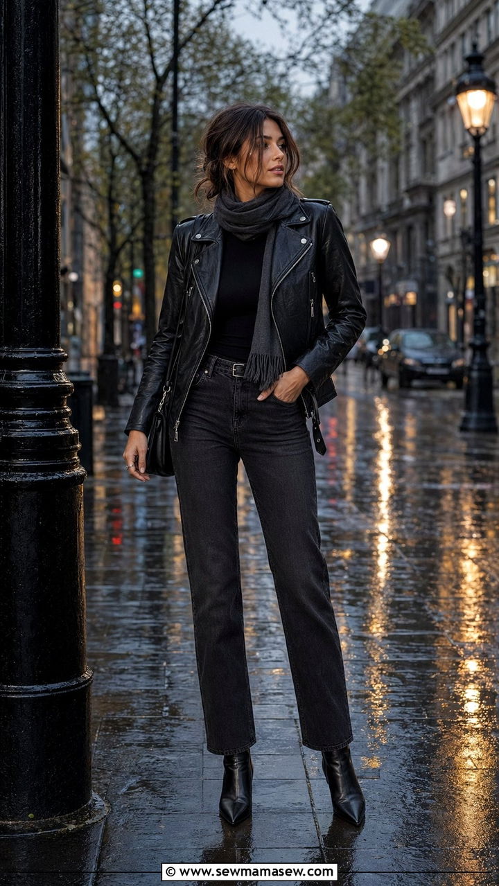 All Black Leather Jacket Rainy City Outfit - 35 Rainy spring outfits