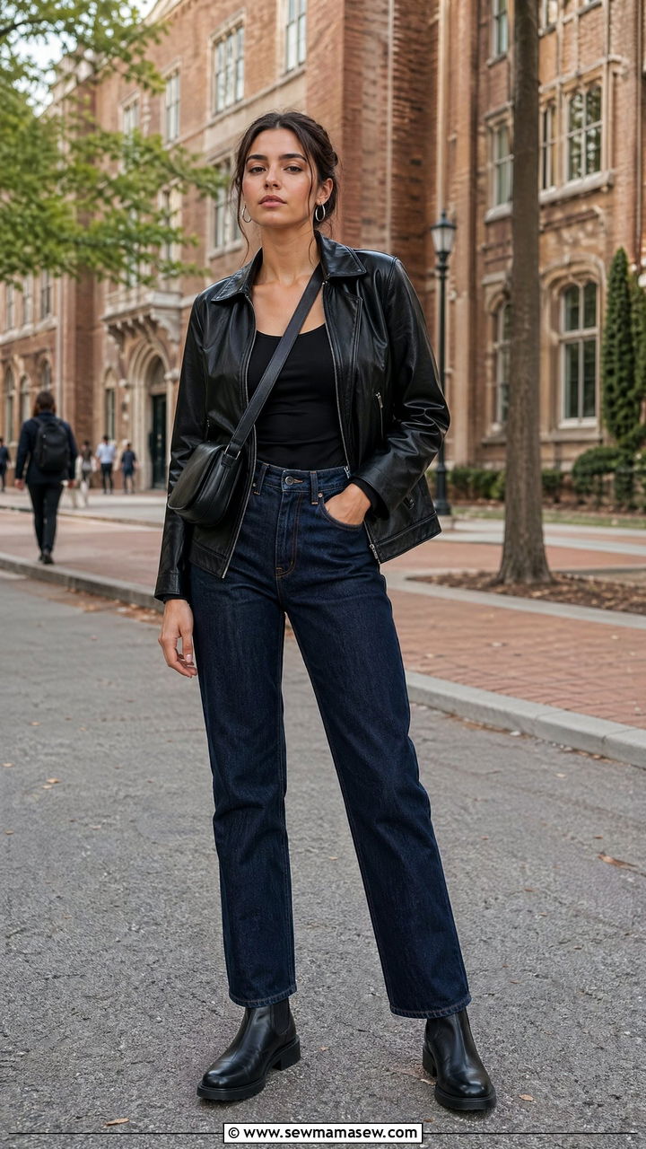 All Black Leather Jacket With Straight Leg Jeans - 35 college outfits 2026