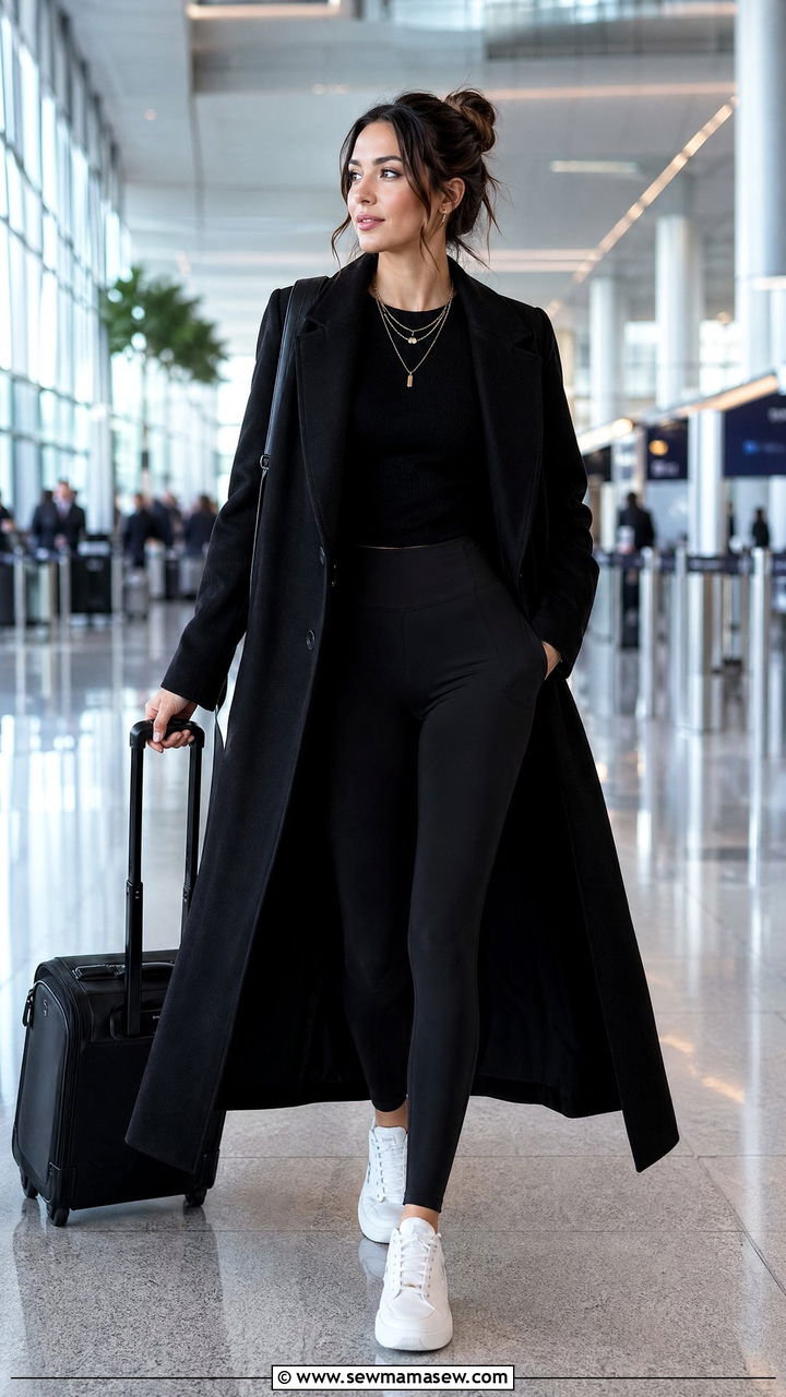 All Black Leggings and Longline Coat Airport Outfit - 35 Sporty chic outfit ideas for airport