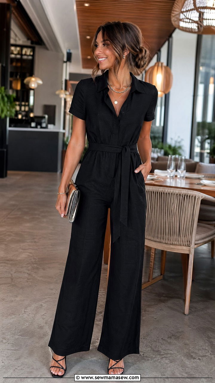 All Black Linen Jumpsuit With Strappy Heels Outfit - 35 Classy summer outfits