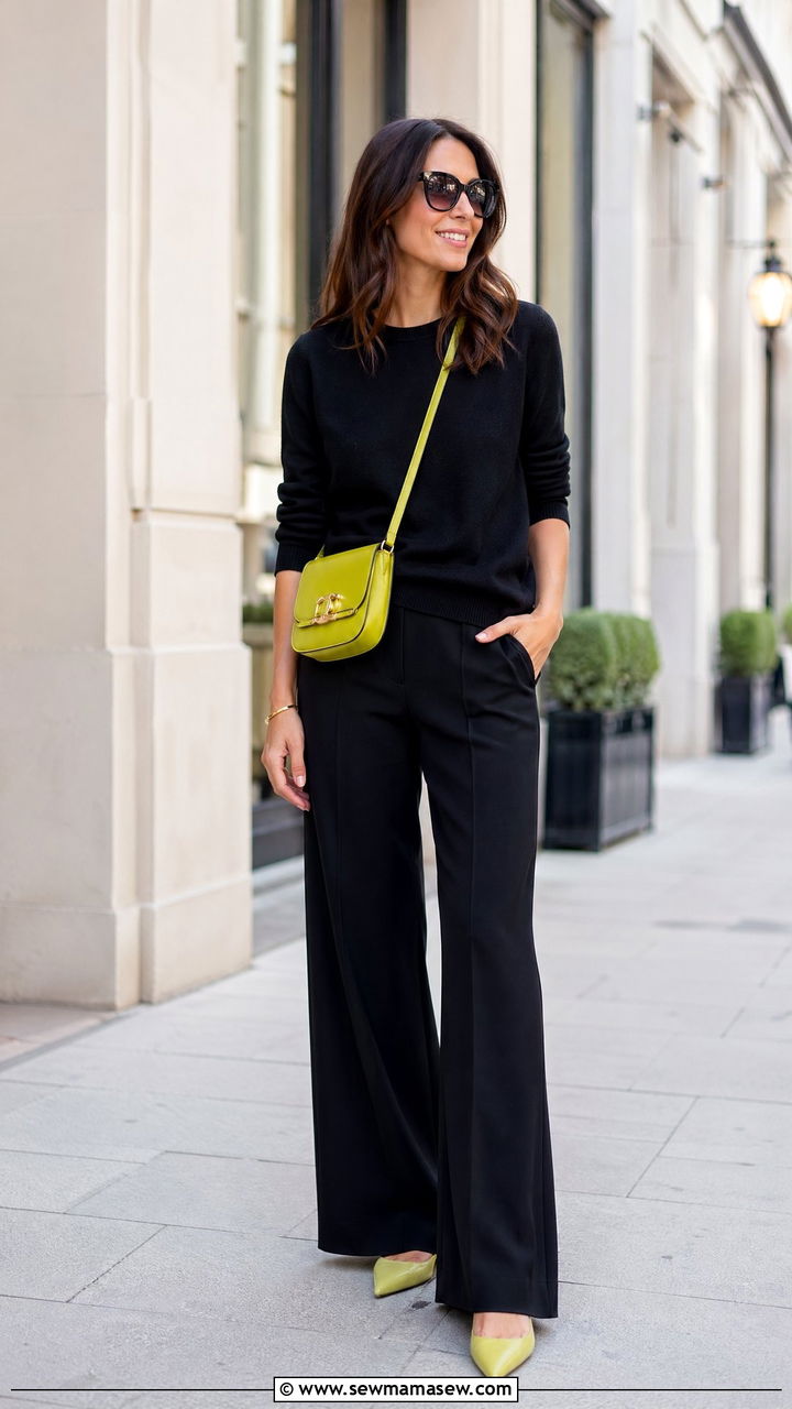 All Black Look with Chartreuse Pop of Color Outfit - 35 transitional chic outfit ideas