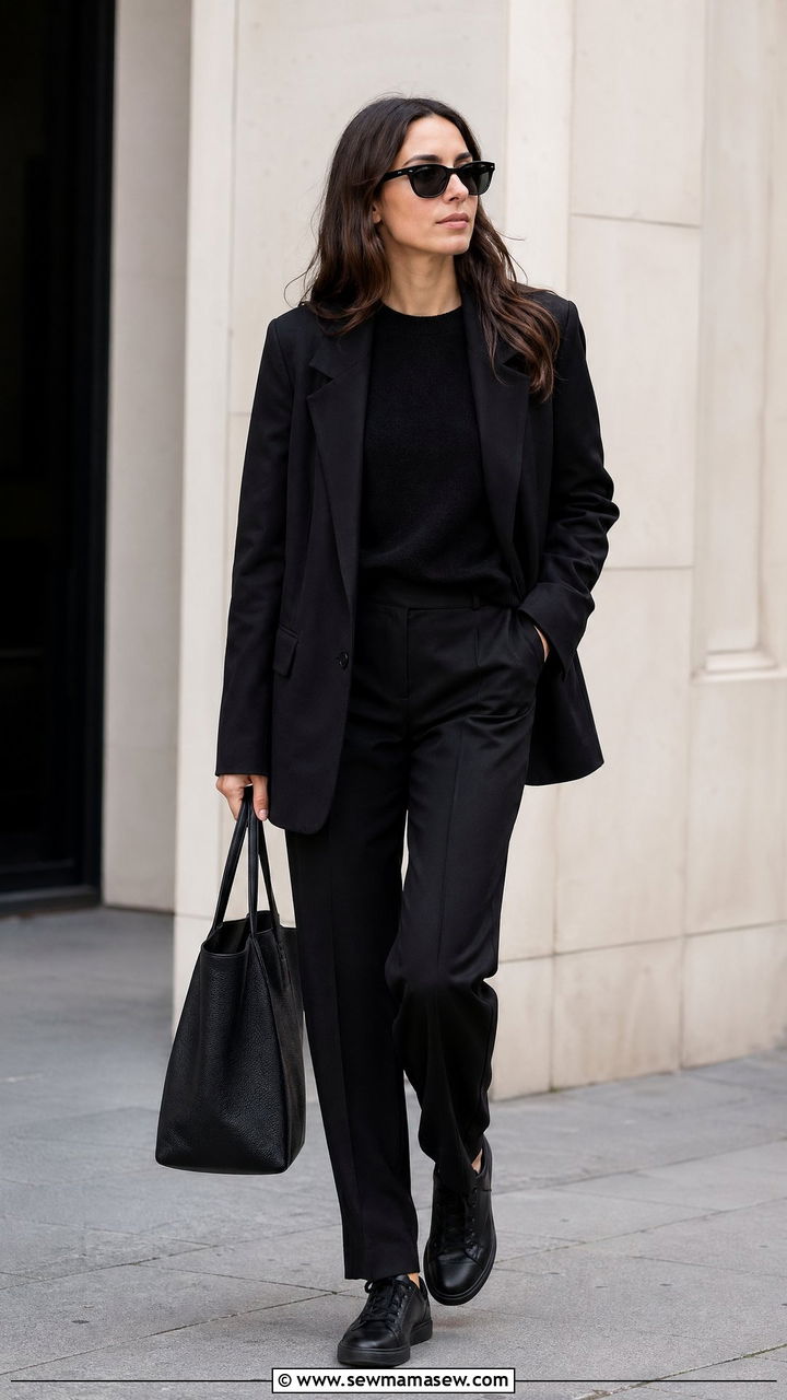 All Black Monochrome Layers with Leather Sneakers - 35 classy travel outfits