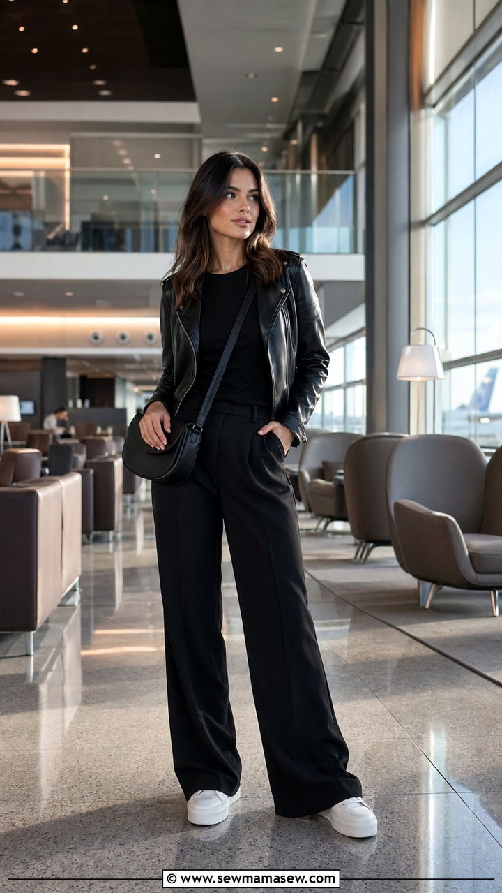 All Black Monochrome With Leather Jacket - 30 airport outfits Pinterest