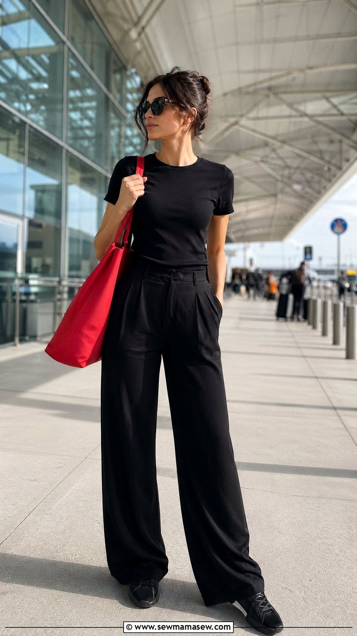 All Black Monochrome With a Colorful Bag - 35 spring airport outfit ideas