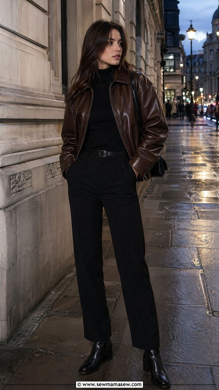All Black Outfit With A Warm Brown Leather Jacket - 35 Spring London outfit ideas