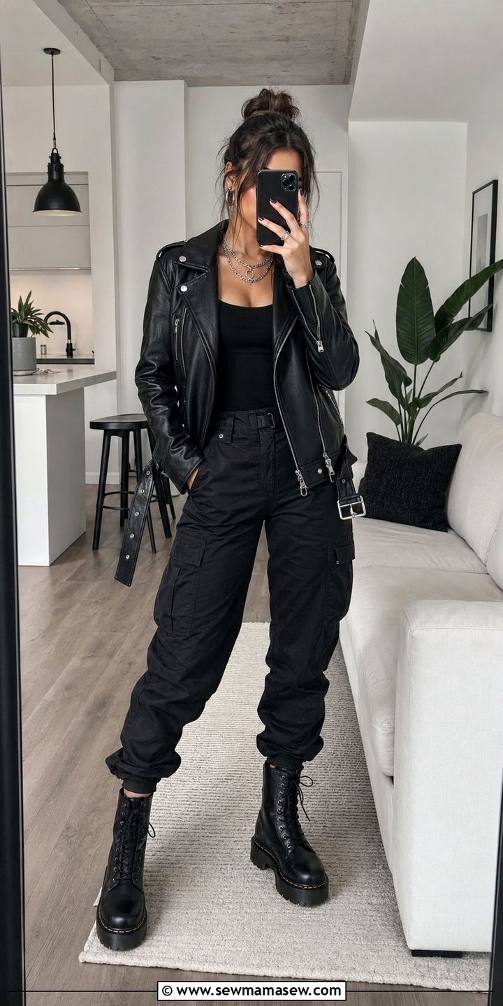 All Black Outfit With Black Cargo Pants And Leather Jacket - 30 Black cargo pants outfit ideas